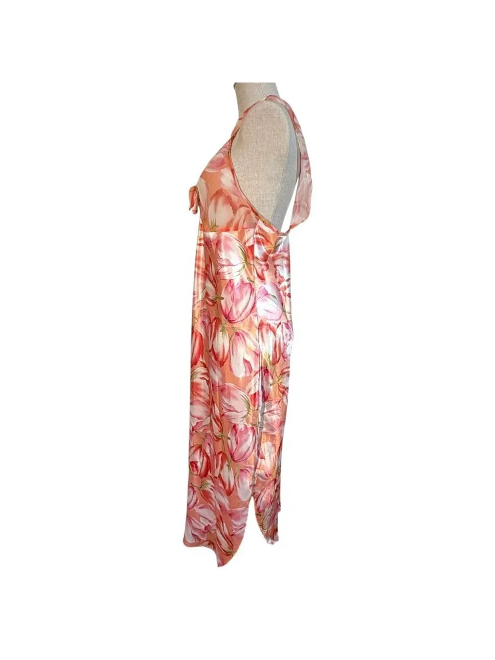 VTG Amelia’s Floral Peach Pink Tulip Nightgown Bow Size Large Made USA Side Slit - Picture 7 of 8